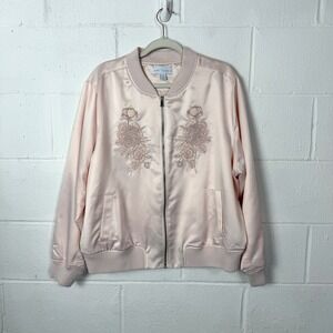 Boutique Satin Bomber Jacket Plus Size 1X Blush Pink Floral Embroidery Retro